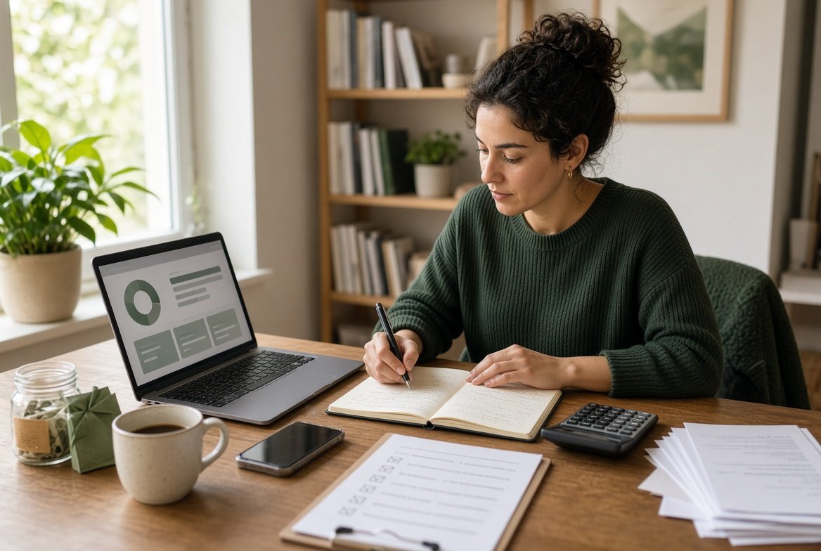 Person reviewing variable monthly income and savings in a notebook