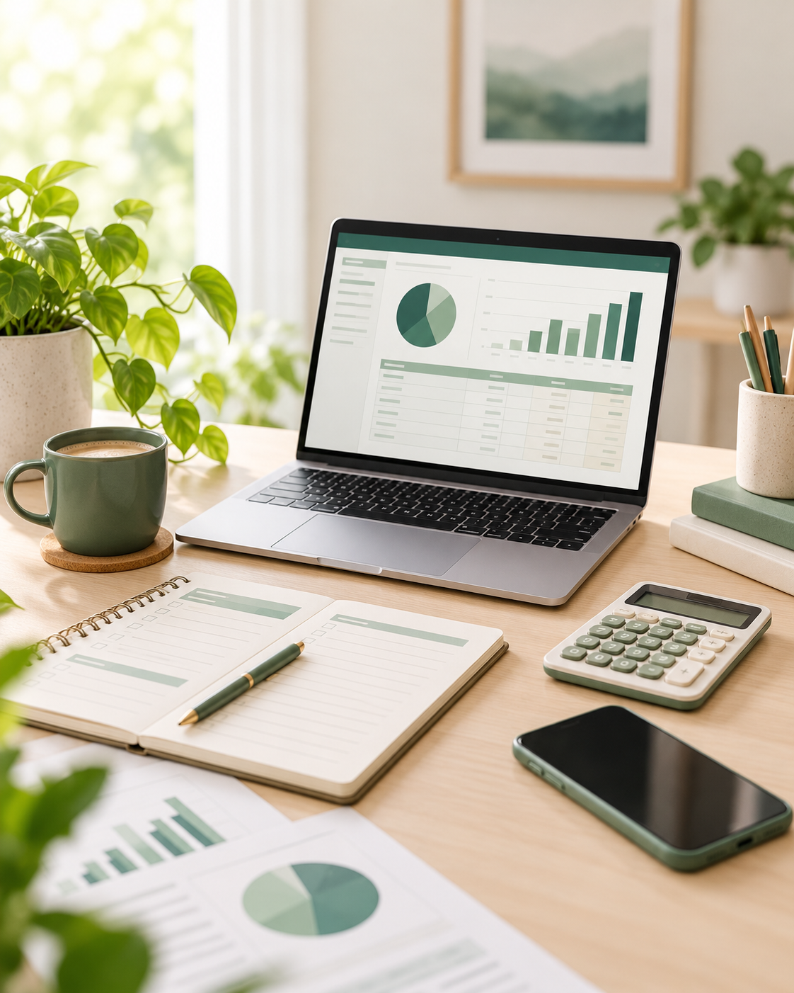 A workspace with financial planning resources, a calculator, and a notebook.