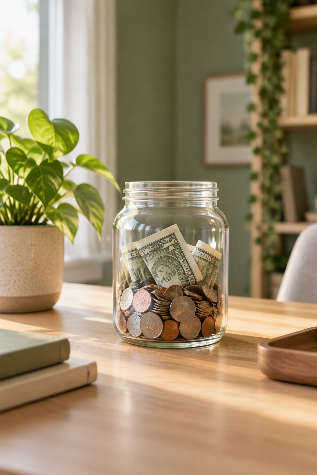 Savings jar with coins representing emergency savings and future financial goals