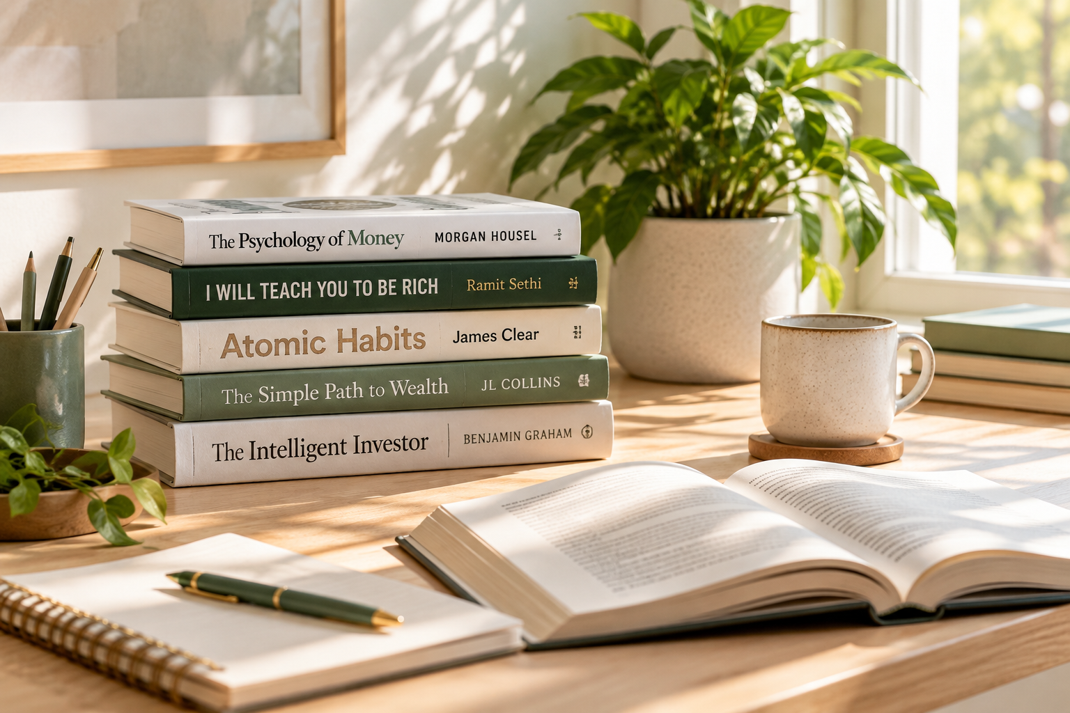 A curated collection of books on a bright reading desk